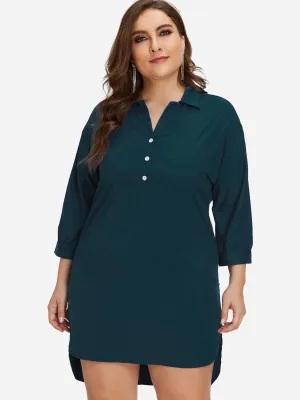 OEM ODM Classic Collar Plain 3/4 Sleeve High-Low Hem Green Plus Size Dress