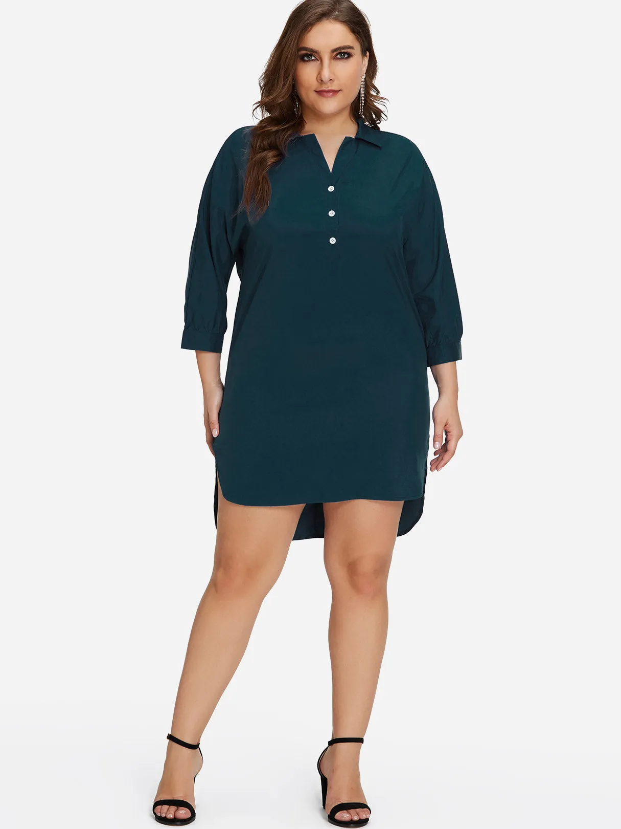 OEM ODM Classic Collar Plain 3/4 Sleeve High-Low Hem Green Plus Size Dress
