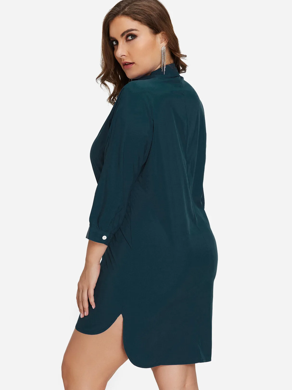 OEM ODM Classic Collar Plain 3/4 Sleeve High-Low Hem Green Plus Size Dress