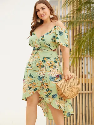OEM ODM Cold Shoulder Deep V Neck Floral Print Crossed Front Spaghetti Strap Self-Tie Wrap Short Sleeve Plus Size Dress