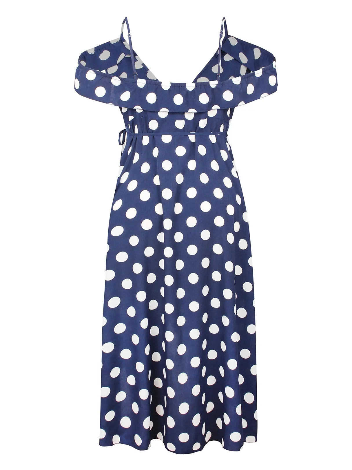 OEM ODM Cold Shoulder Deep V Neck Polka Dot Crossed Front Spaghetti Strap Self-Tie Short Sleeve Blue Plus Size Dress