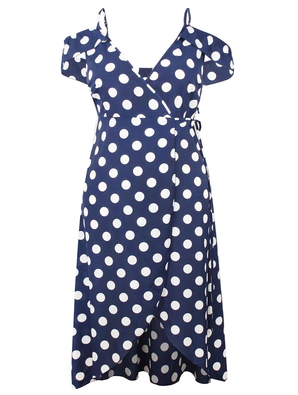OEM ODM Cold Shoulder Deep V Neck Polka Dot Crossed Front Spaghetti Strap Self-Tie Short Sleeve Blue Plus Size Dress