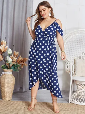 OEM ODM Cold Shoulder Deep V Neck Polka Dot Crossed Front Spaghetti Strap Self-Tie Short Sleeve Blue Plus Size Dress