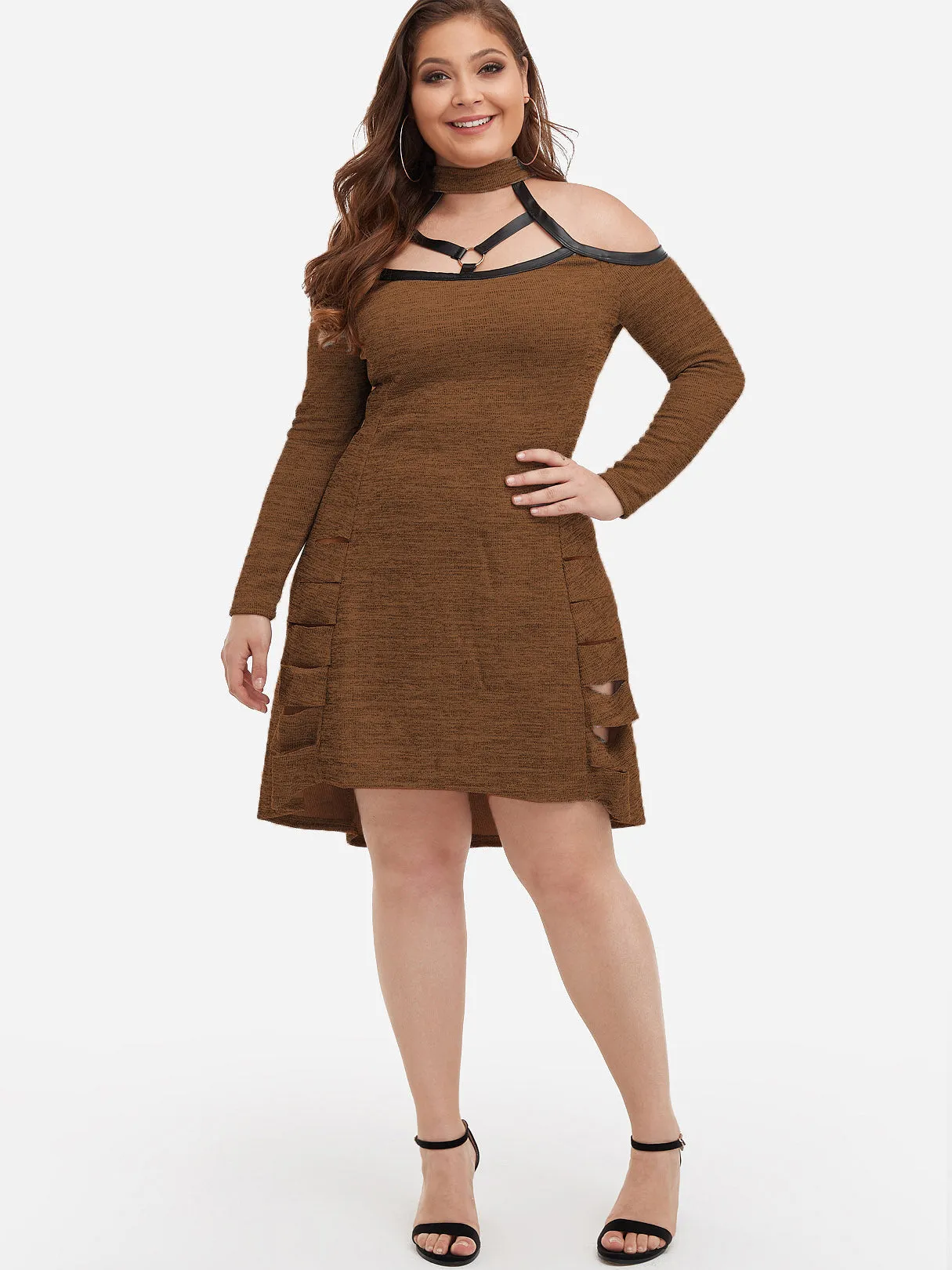 OEM ODM Cold Shoulder Plain Cut Out Long Sleeve Plus Size Dress