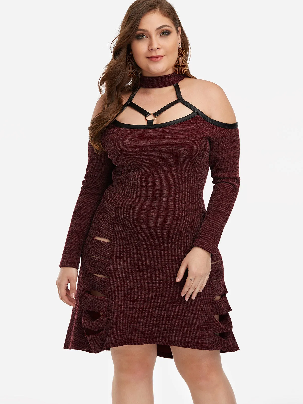 OEM ODM Cold Shoulder Plain Cut Out Long Sleeve Plus Size Dress
