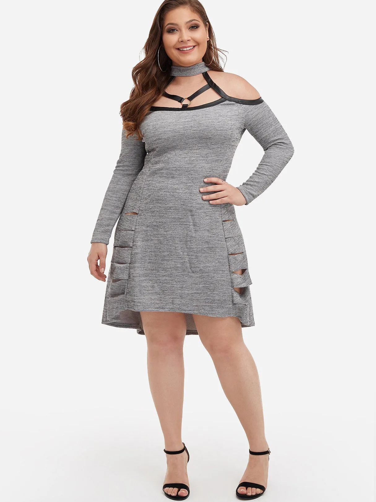 OEM ODM Cold Shoulder Plain Cut Out Long Sleeve Plus Size Dress