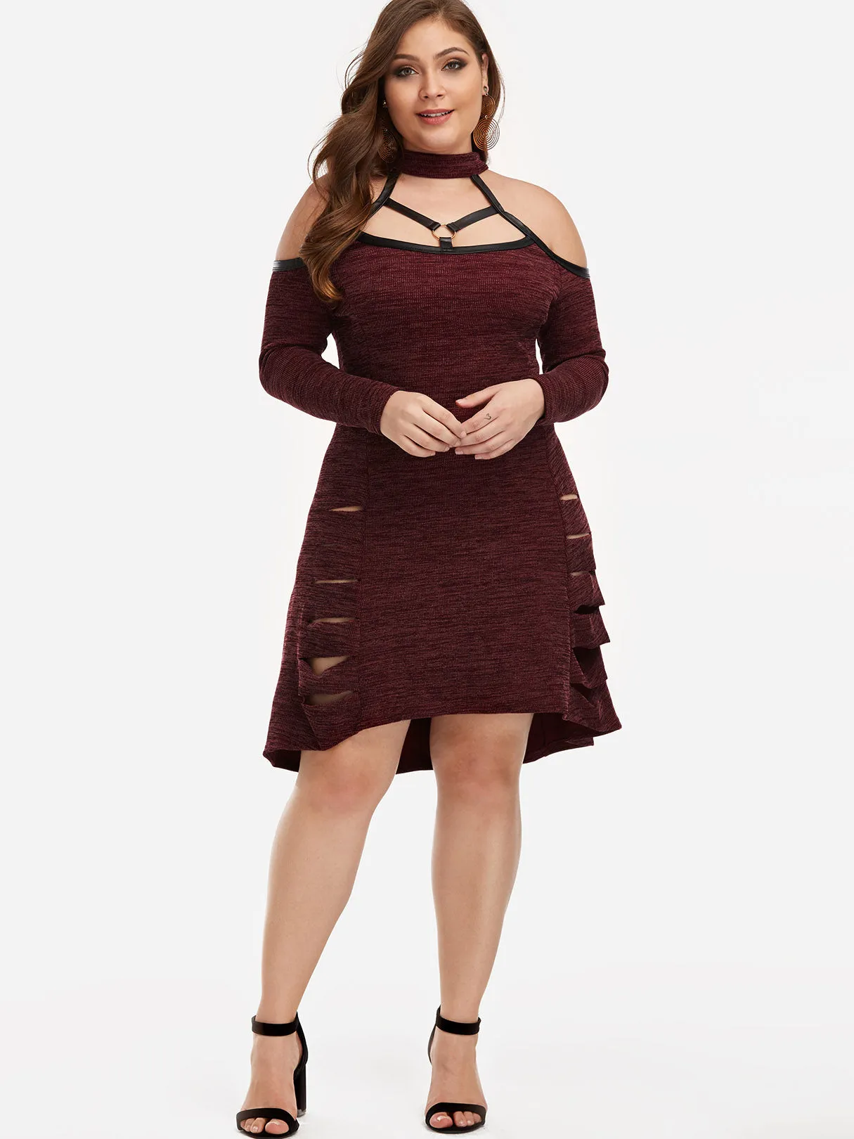 OEM ODM Cold Shoulder Plain Cut Out Long Sleeve Plus Size Dress