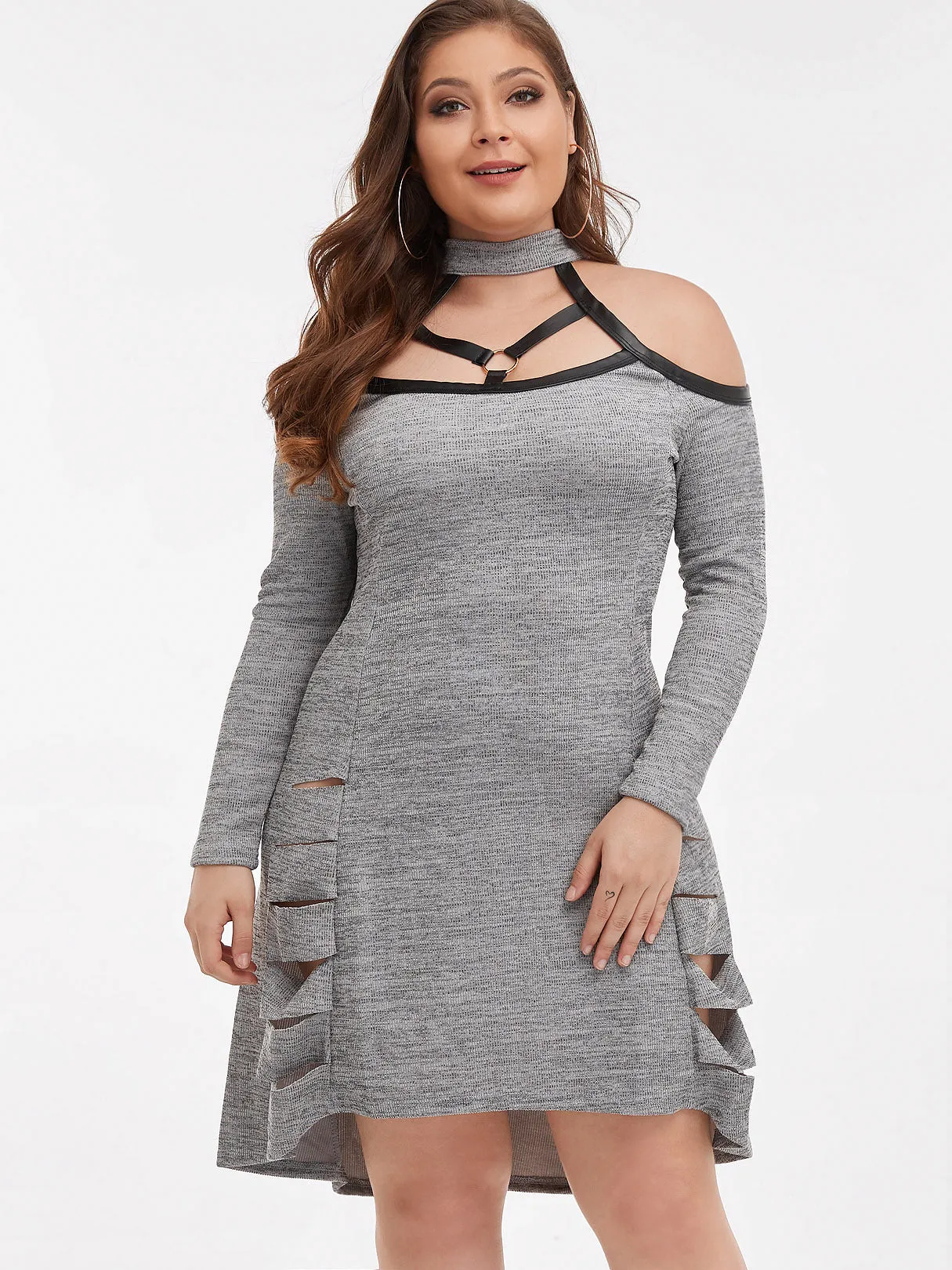 OEM ODM Cold Shoulder Plain Cut Out Long Sleeve Plus Size Dress