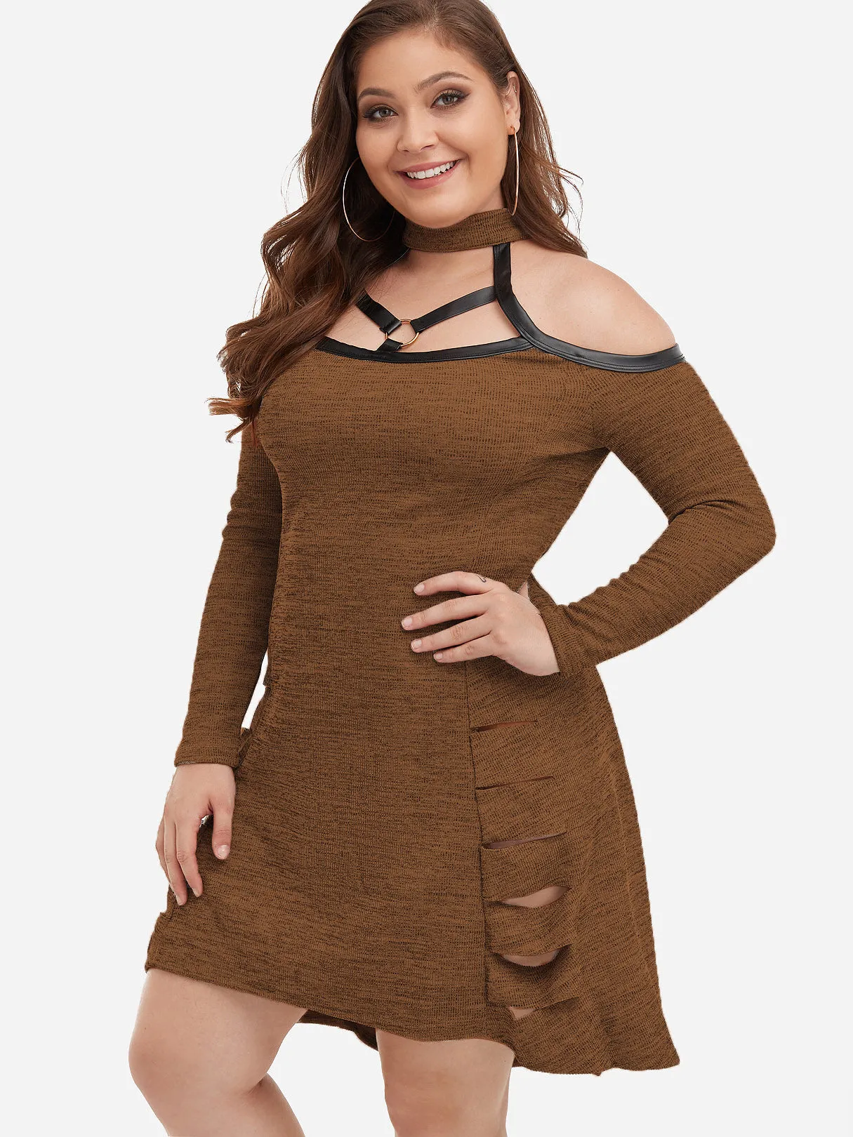 OEM ODM Cold Shoulder Plain Cut Out Long Sleeve Plus Size Dress