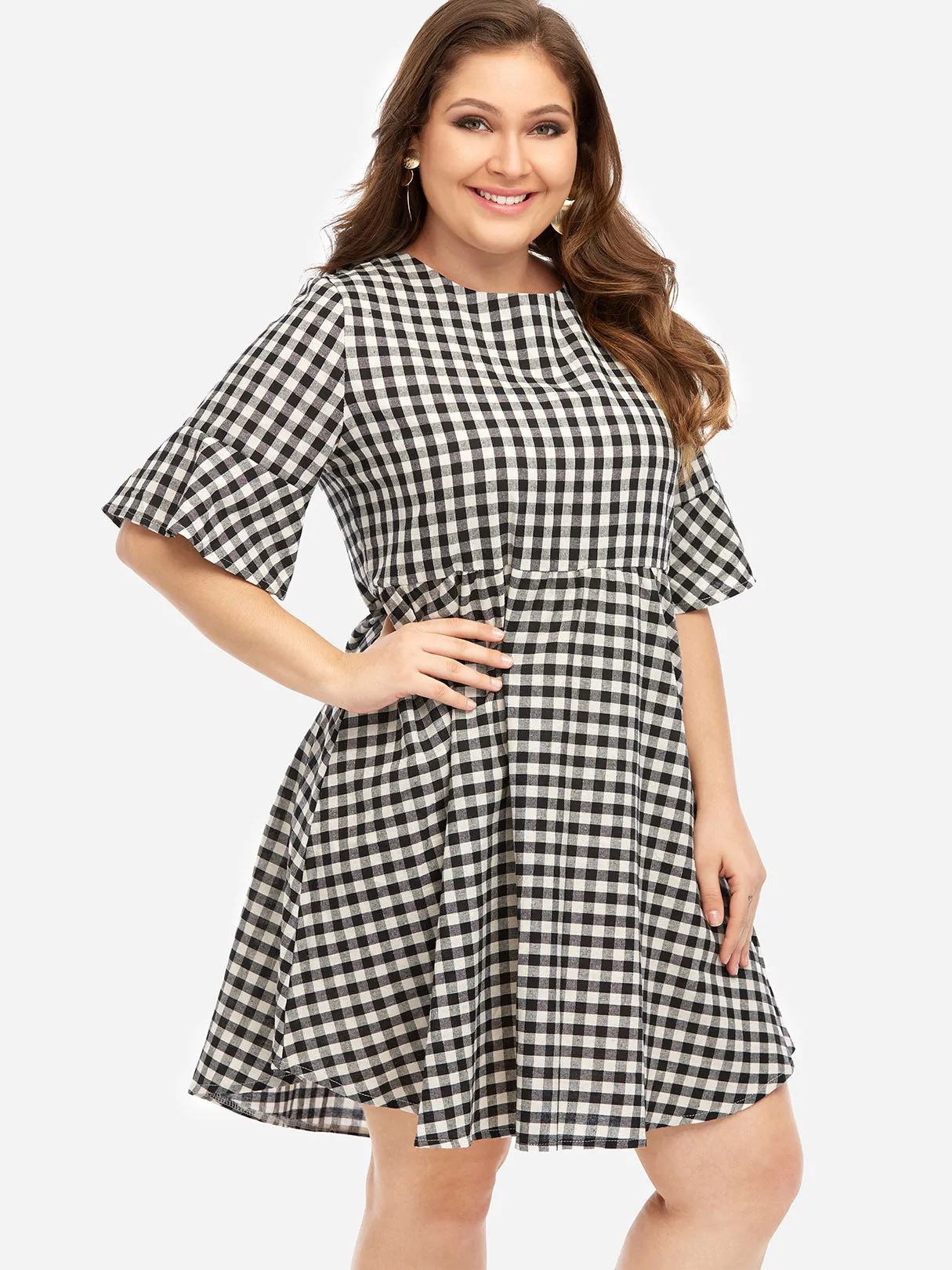 OEM ODM Crew Neck Grid Half Sleeve Plus Size Dresses