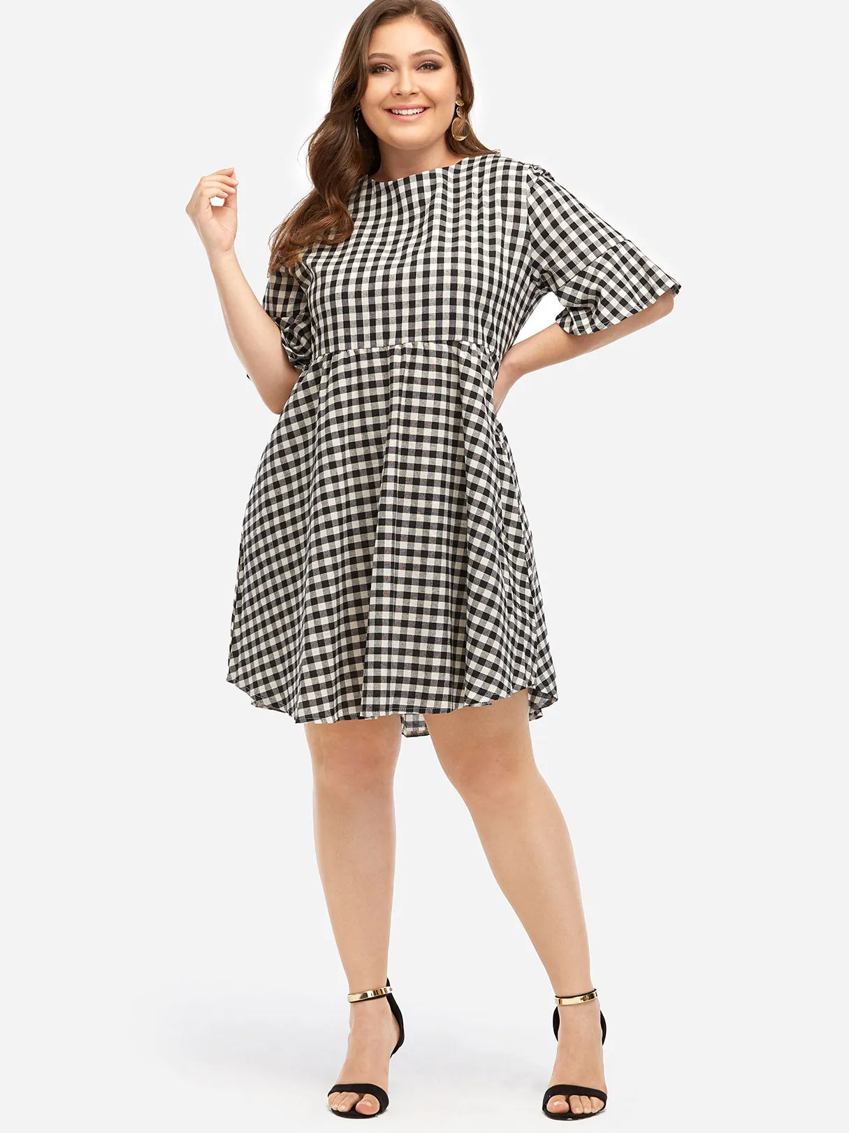 OEM ODM Crew Neck Grid Half Sleeve Plus Size Dresses