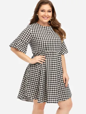 OEM ODM Crew Neck Grid Half Sleeve Plus Size Dresses