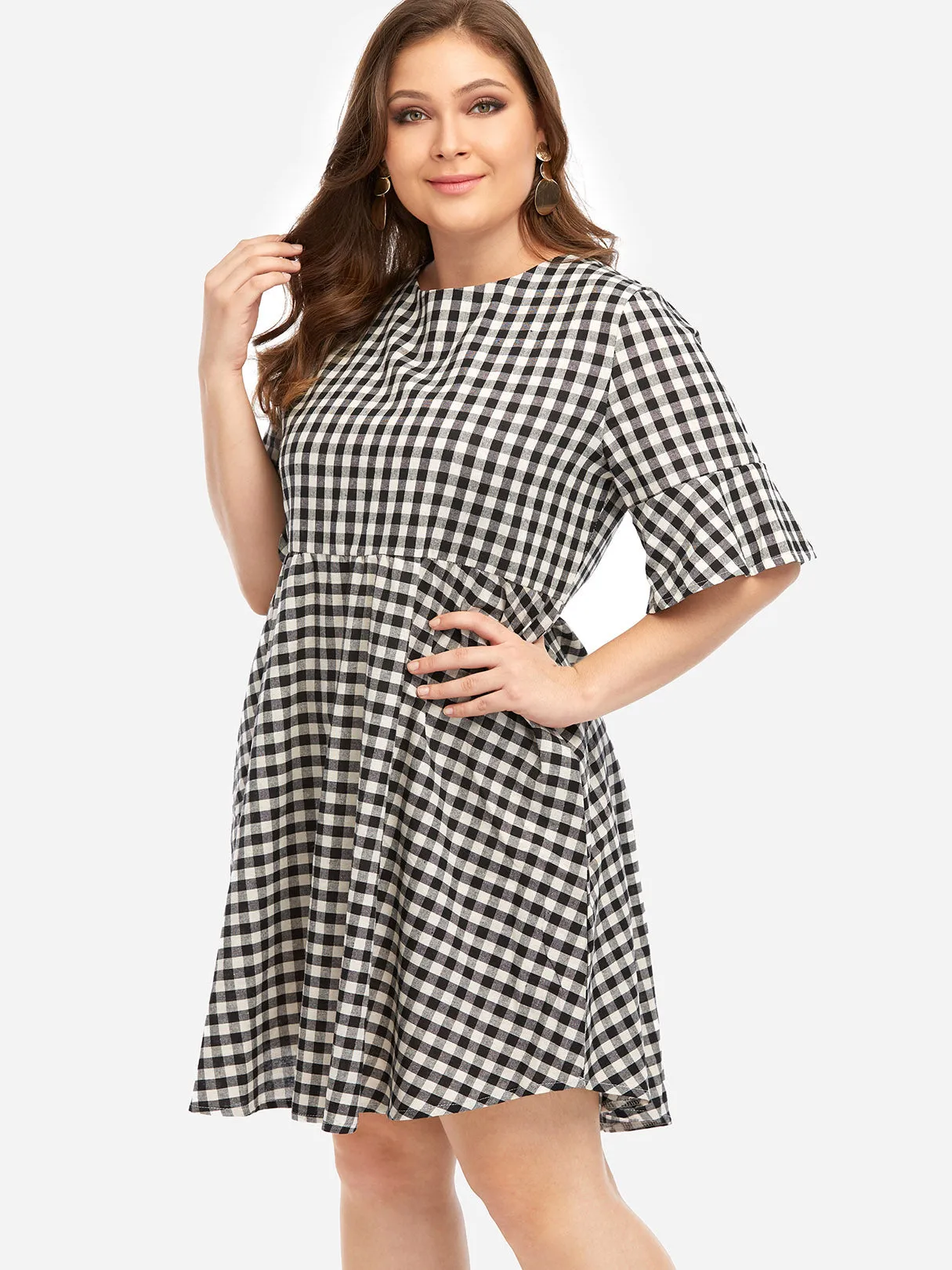 OEM ODM Crew Neck Grid Half Sleeve Plus Size Dresses