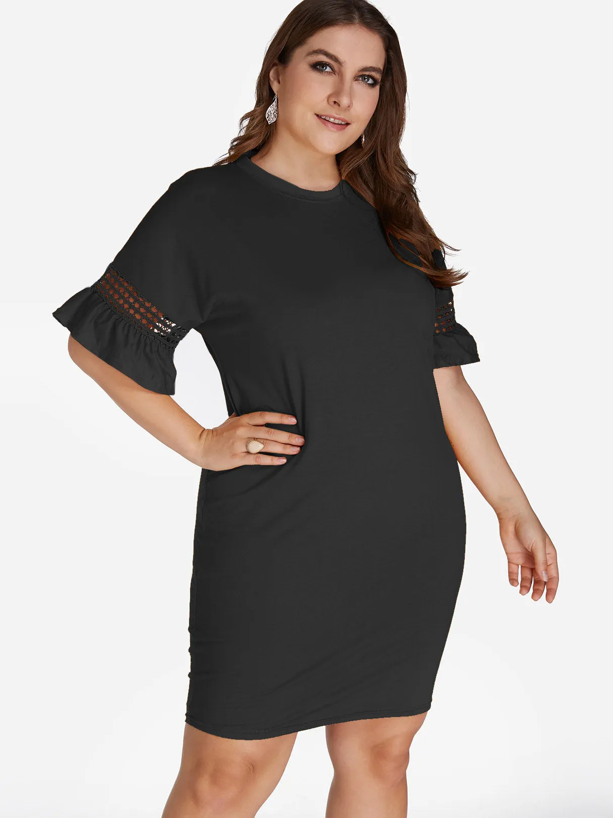 OEM ODM Crew Neck Plain Hollow Half Sleeve Plus Size Dresses