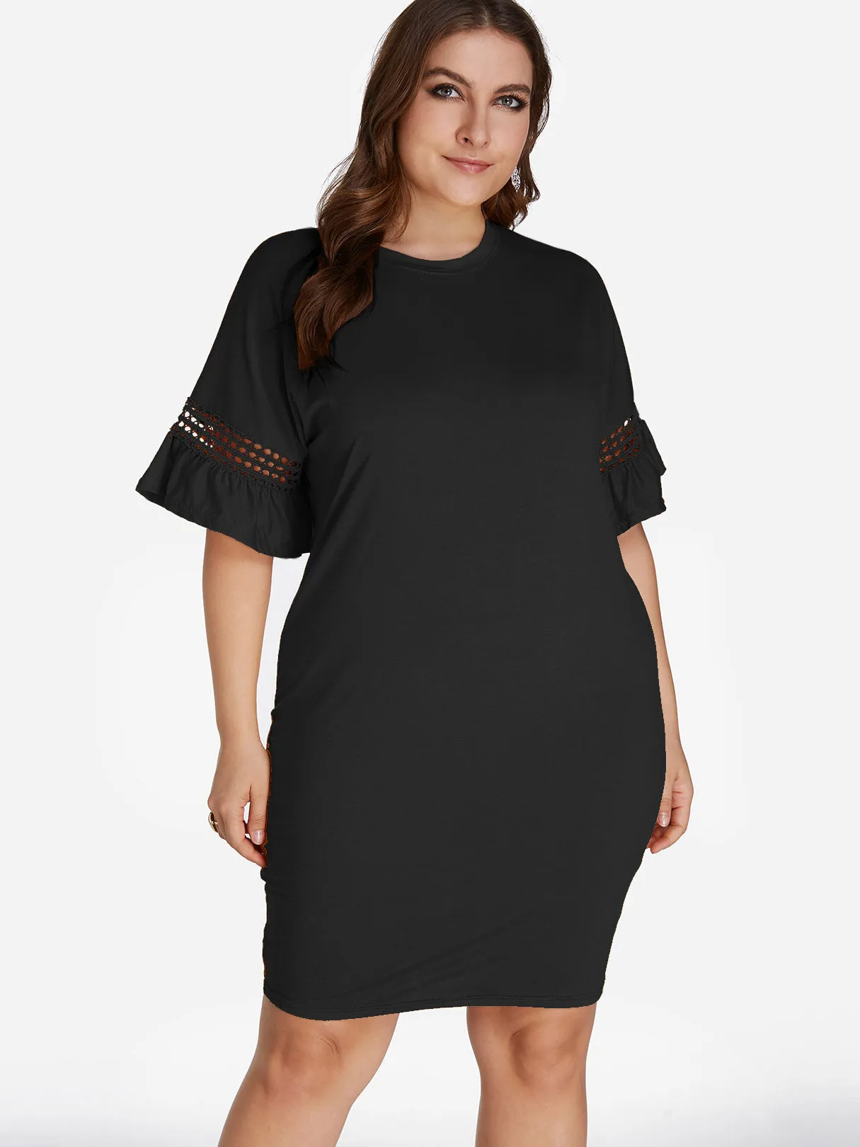 OEM ODM Crew Neck Plain Hollow Half Sleeve Plus Size Dresses