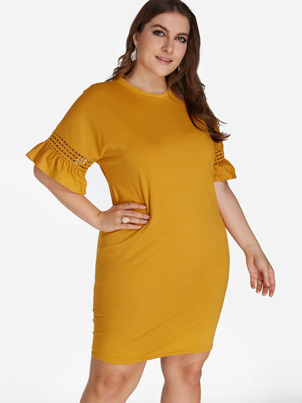 OEM ODM Crew Neck Plain Hollow Half Sleeve Plus Size Dresses