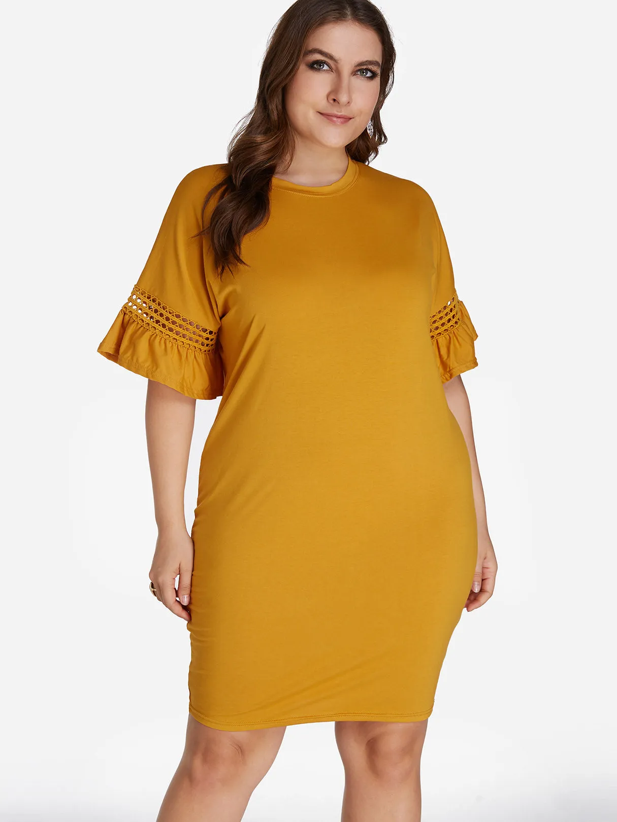 OEM ODM Crew Neck Plain Hollow Half Sleeve Plus Size Dresses