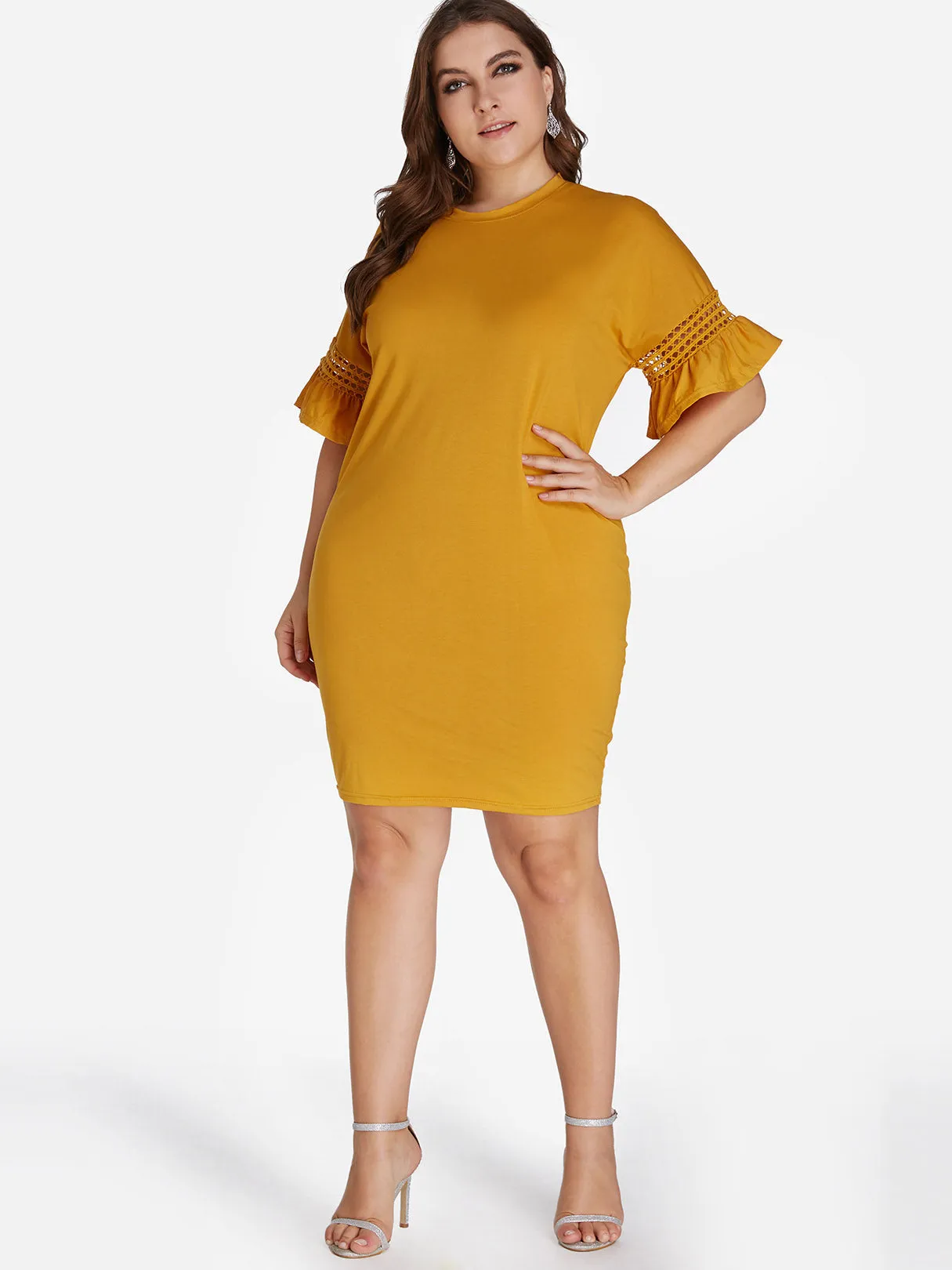 OEM ODM Crew Neck Plain Hollow Half Sleeve Plus Size Dresses