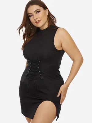 OEM ODM Crew Neck Plain Lace-Up Sleeveless Black Plus Size Dresses