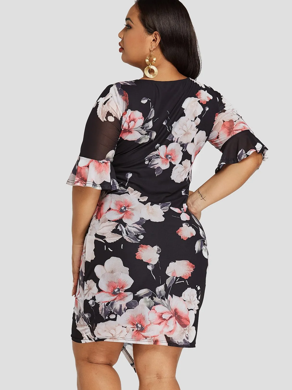 OEM ODM Crossed Collar Deep V Neck Floral Print Crossed Front Half Sleeve Asymmetrical Hem Black Plus Size Dress