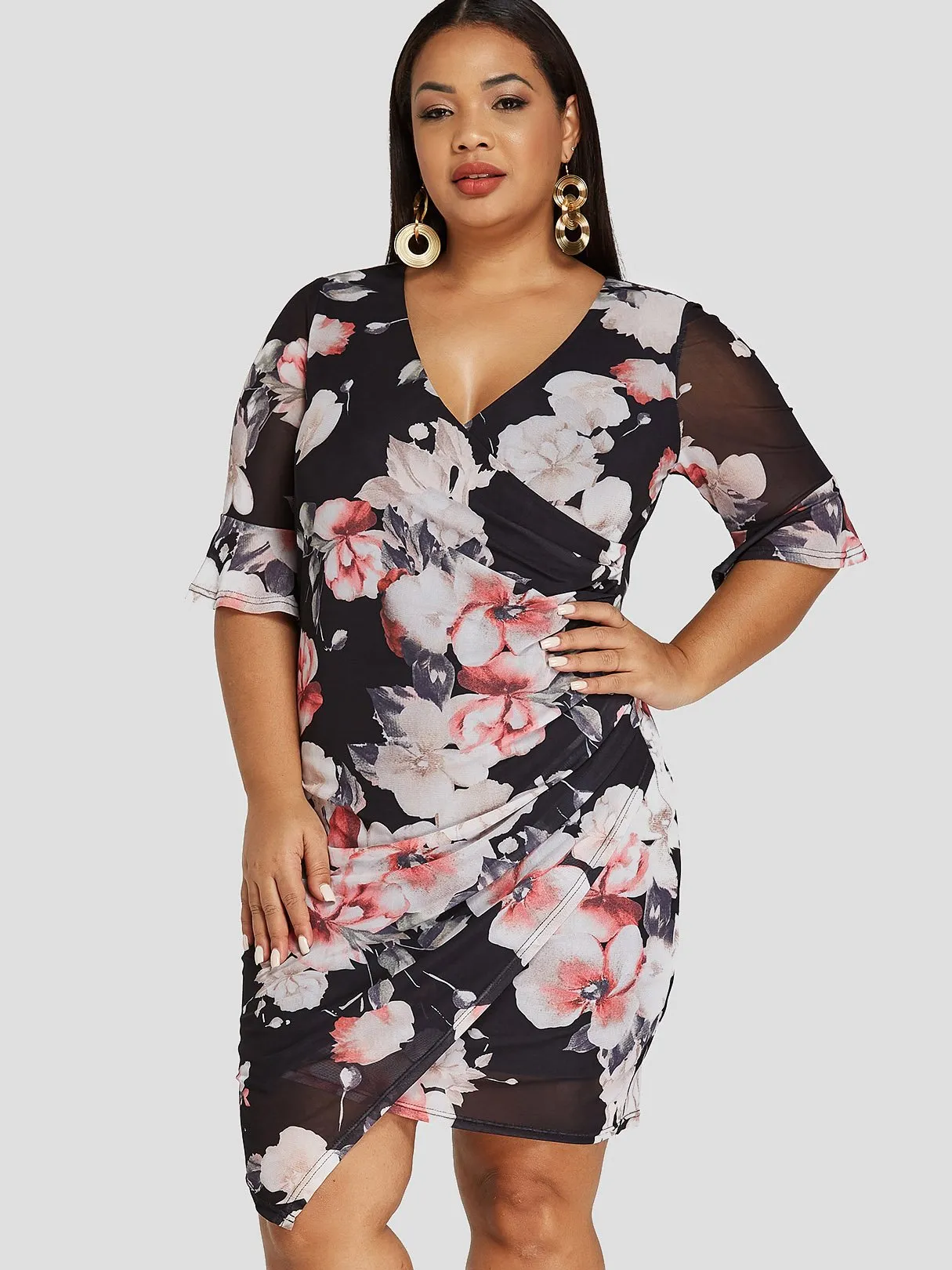 OEM ODM Crossed Collar Deep V Neck Floral Print Crossed Front Half Sleeve Asymmetrical Hem Black Plus Size Dress