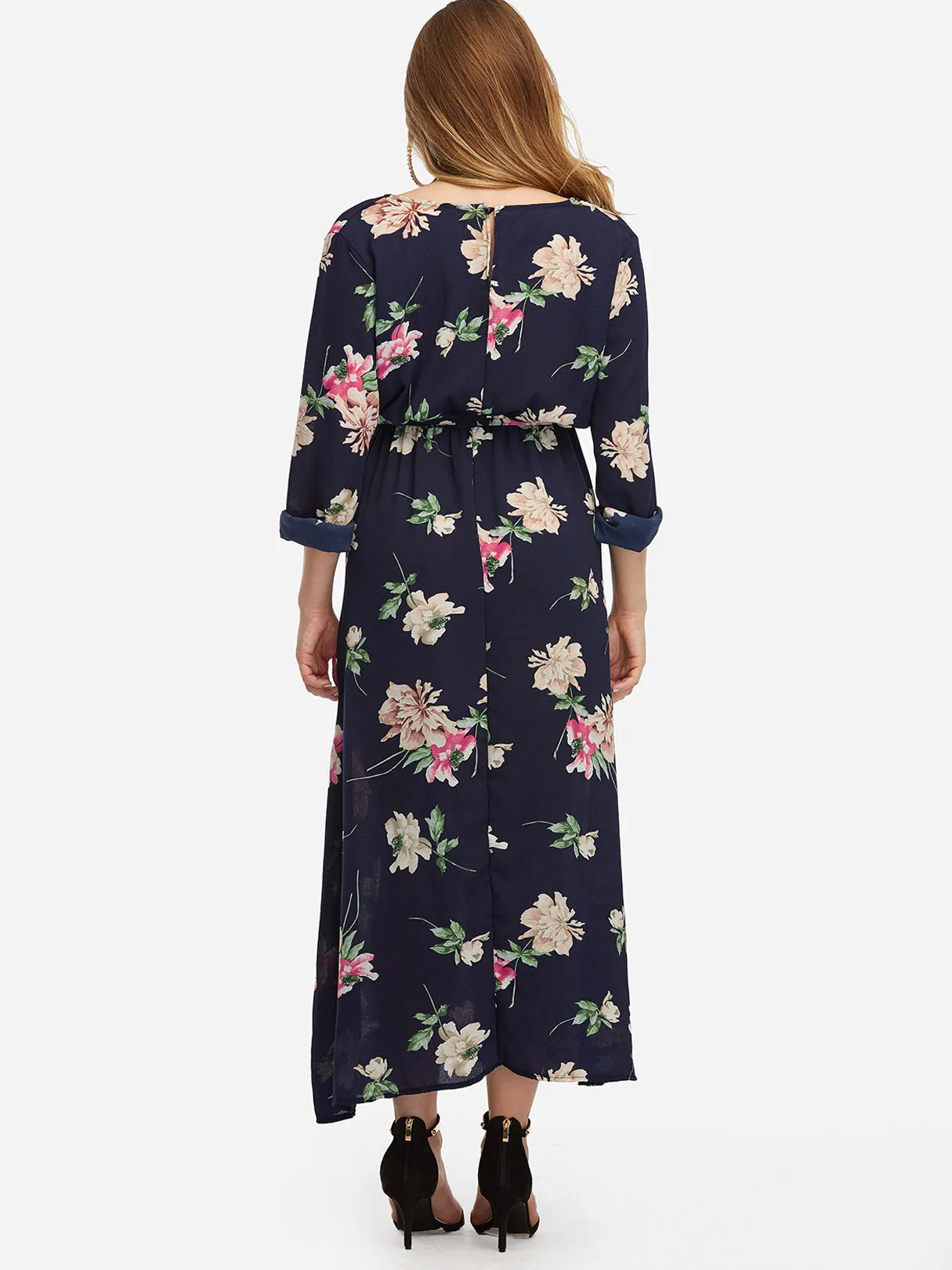 OEM ODM Deep V Neck Floral Print Self-Tie Long Sleeve Slit Hem Navy Plus Size Maxi Dresses