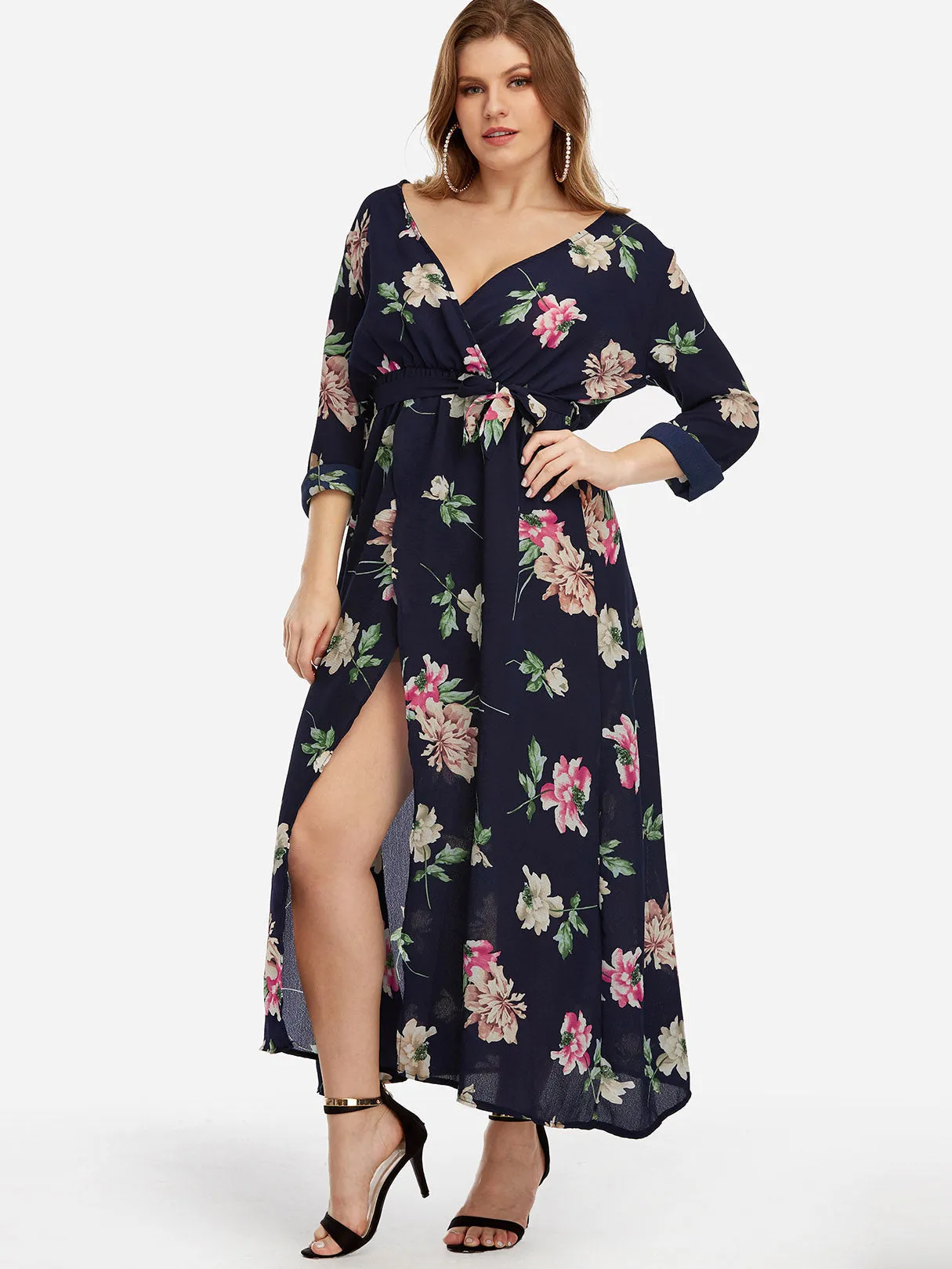 OEM ODM Deep V Neck Floral Print Self-Tie Long Sleeve Slit Hem Navy Plus Size Maxi Dresses