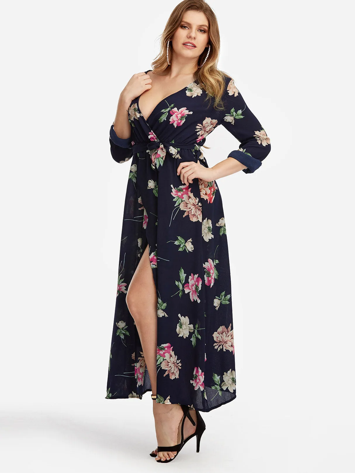 OEM ODM Deep V Neck Floral Print Self-Tie Long Sleeve Slit Hem Navy Plus Size Maxi Dresses