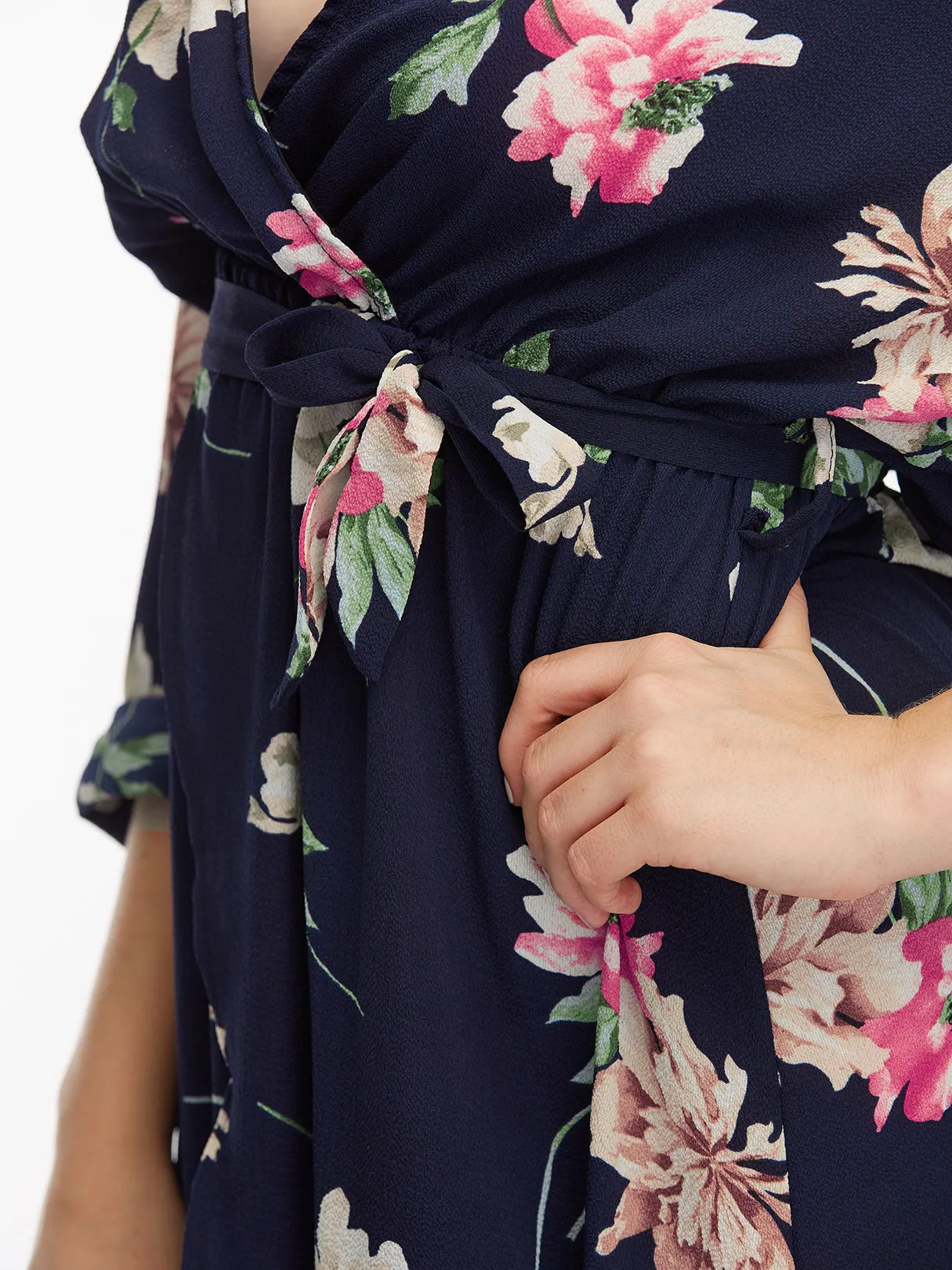 OEM ODM Deep V Neck Floral Print Self-Tie Long Sleeve Slit Hem Navy Plus Size Maxi Dresses