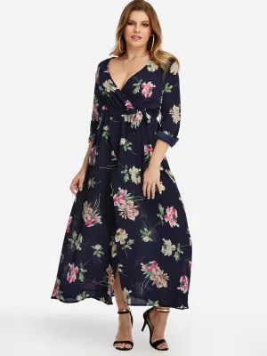 OEM ODM Deep V Neck Floral Print Self-Tie Long Sleeve Slit Hem Navy Plus Size Maxi Dresses