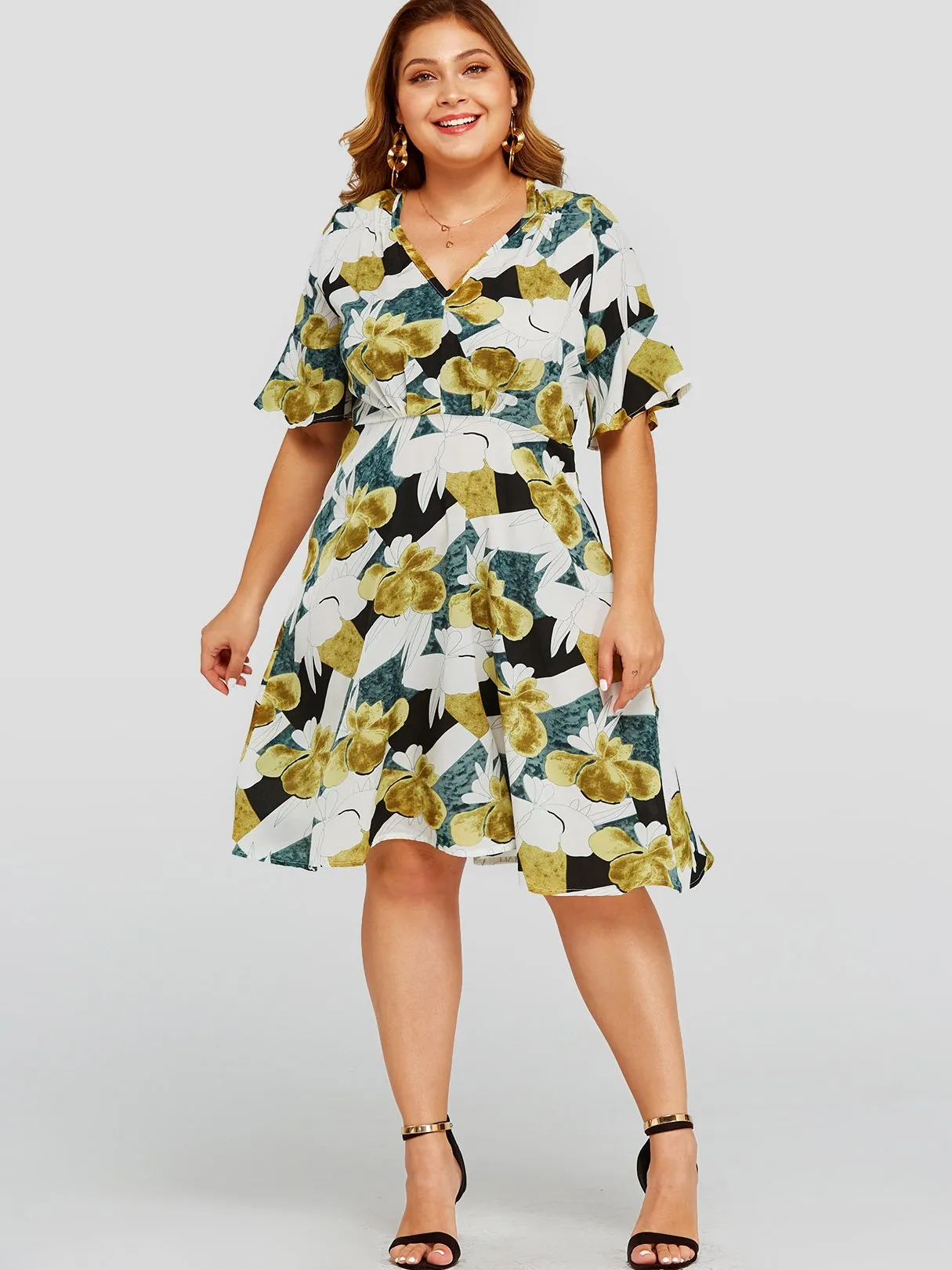 OEM ODM Deep V Neck Half Sleeve High-Waisted Plus Size Dress