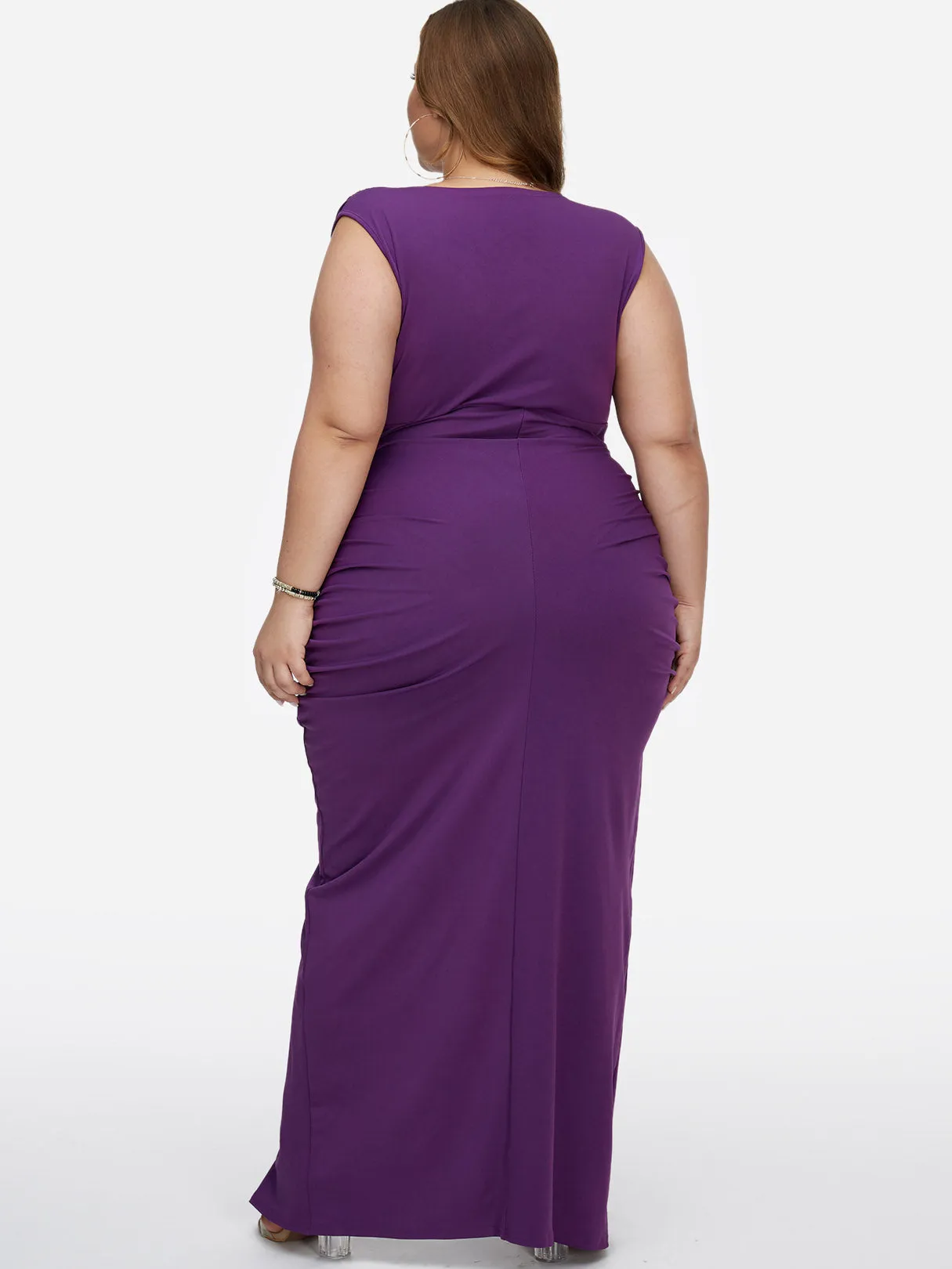 OEM ODM Deep V Neck Pleated Sleeveless Slit Hem Purple Plus Size Maxi Dress
