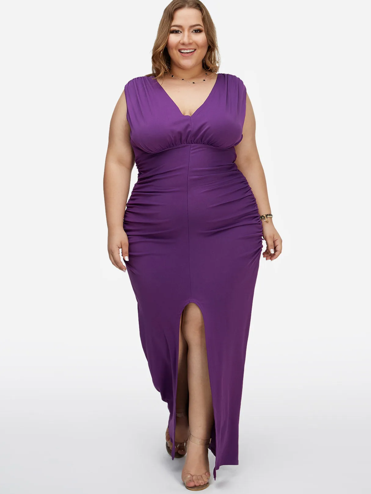 OEM ODM Deep V Neck Pleated Sleeveless Slit Hem Purple Plus Size Maxi Dress