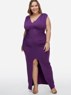 OEM ODM Deep V Neck Pleated Sleeveless Slit Hem Purple Plus Size Maxi Dress