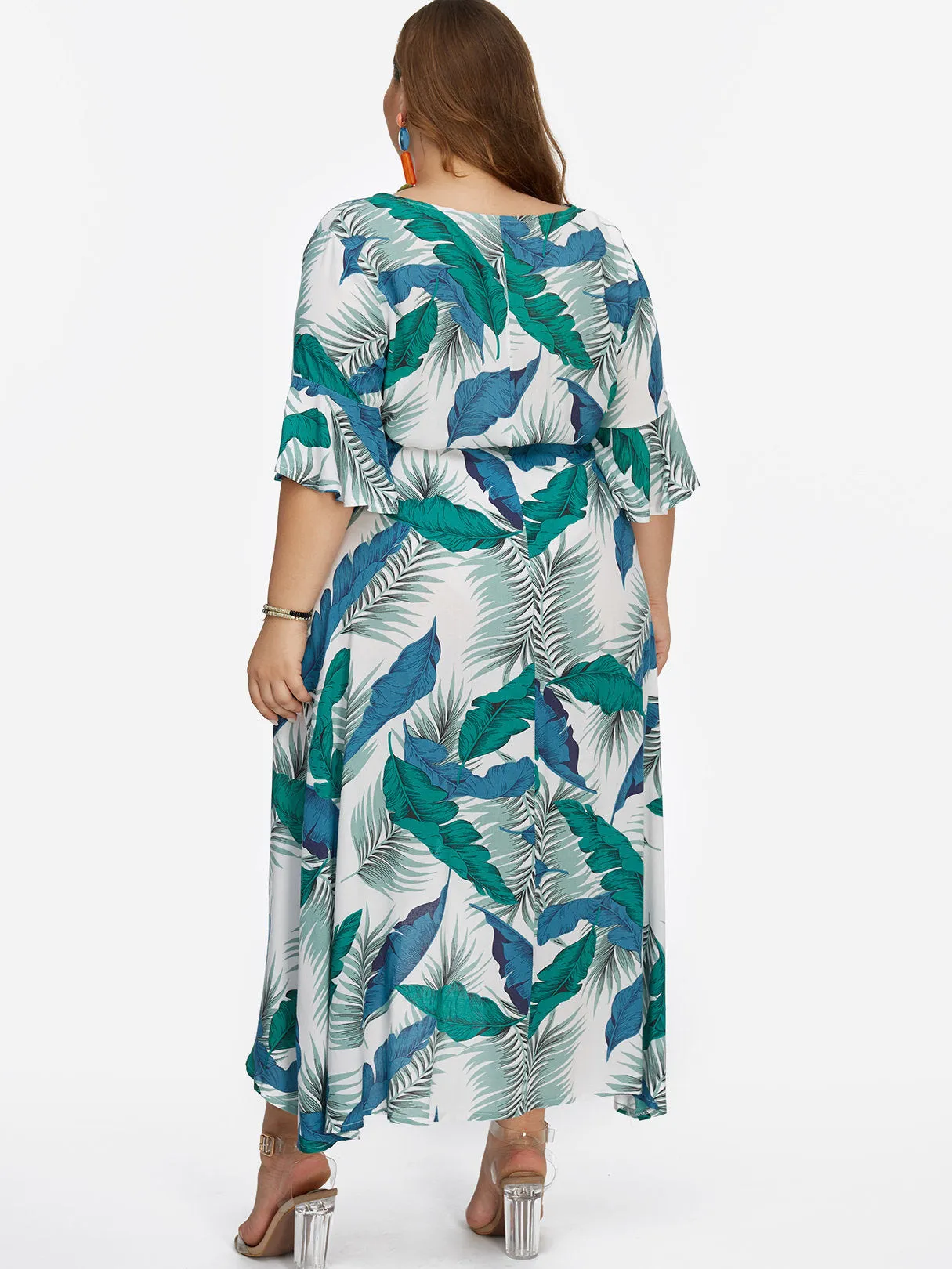 OEM ODM Floral Print Half Sleeve Slit Hem Green Plus Size Dresses