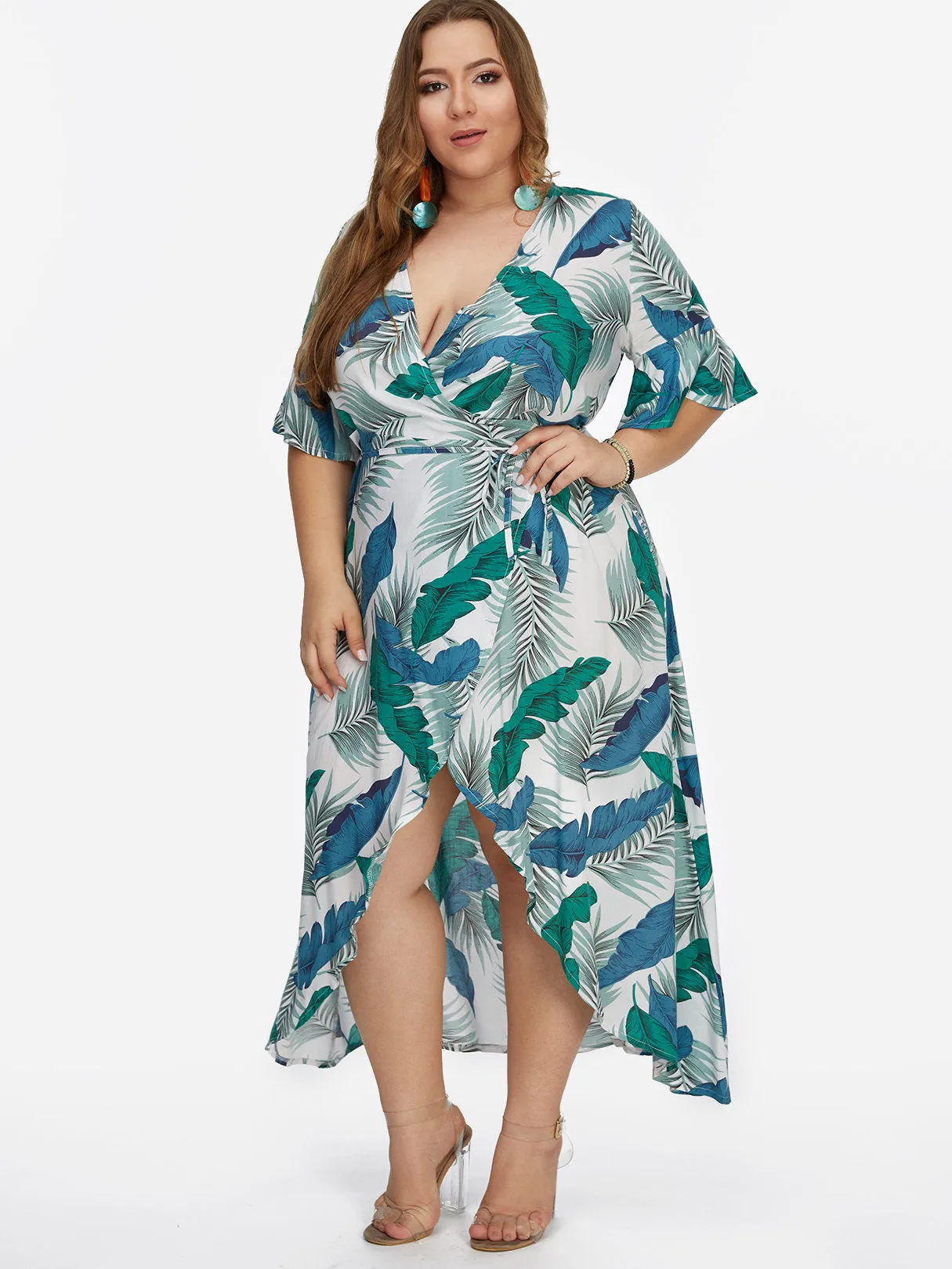 OEM ODM Floral Print Half Sleeve Slit Hem Green Plus Size Dresses