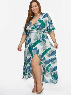 OEM ODM Floral Print Half Sleeve Slit Hem Green Plus Size Dresses