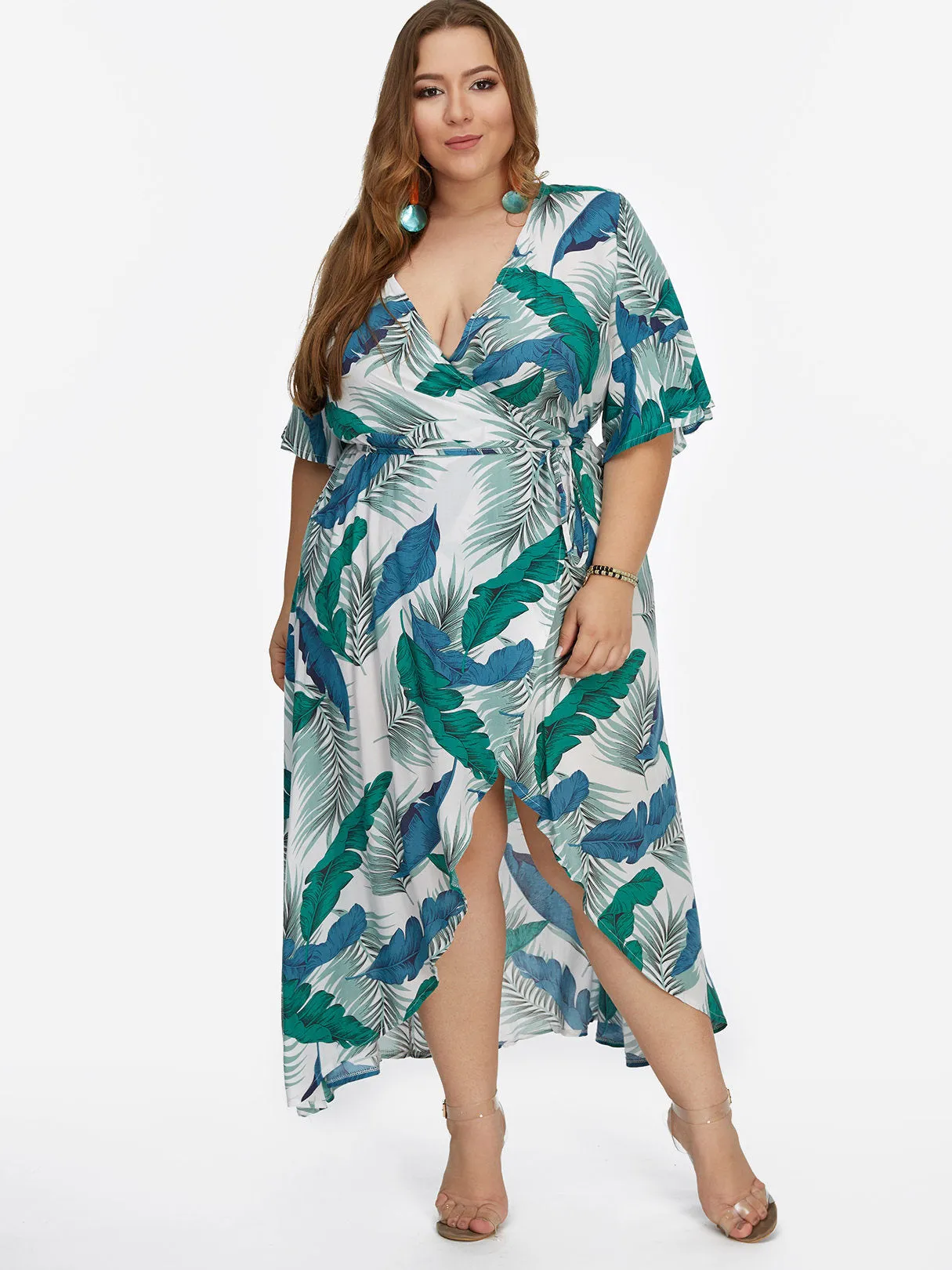 OEM ODM Floral Print Half Sleeve Slit Hem Green Plus Size Dresses