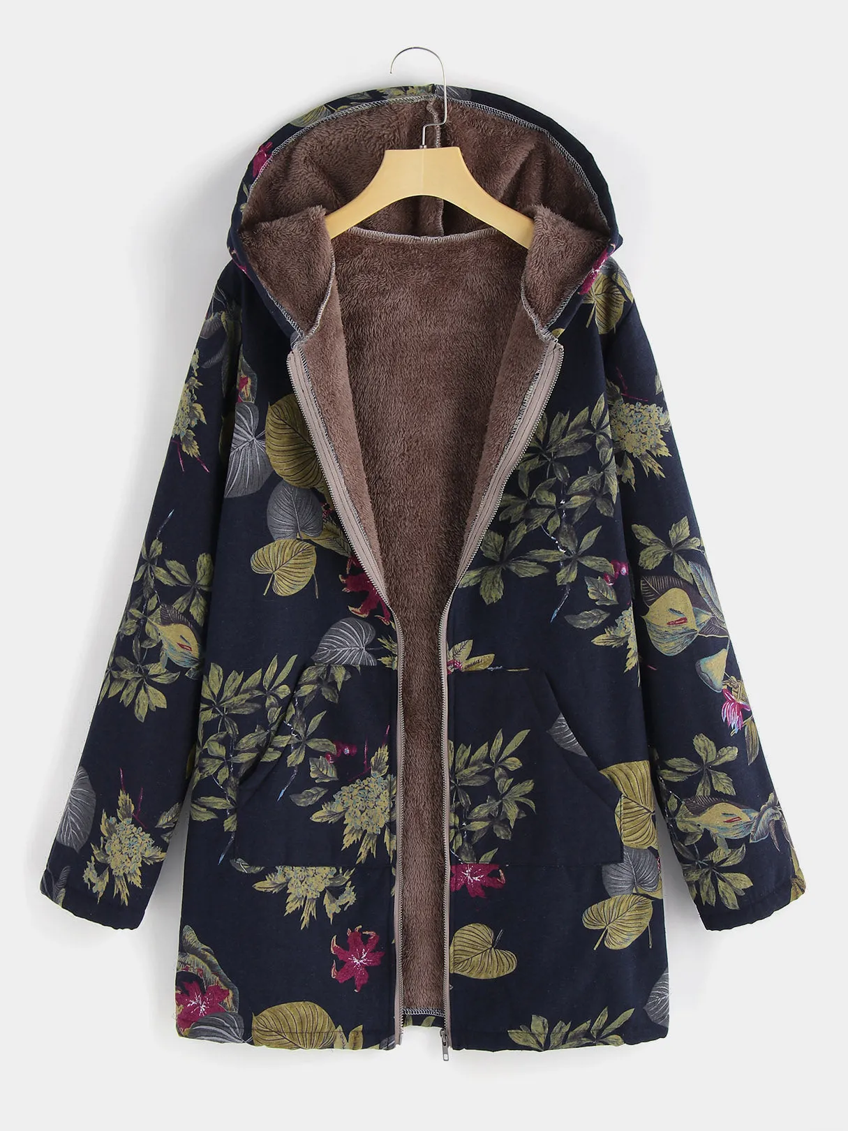 OEM ODM Floral Print Zip Back Hooded Long Sleeve Plus Size Coats & Jackets