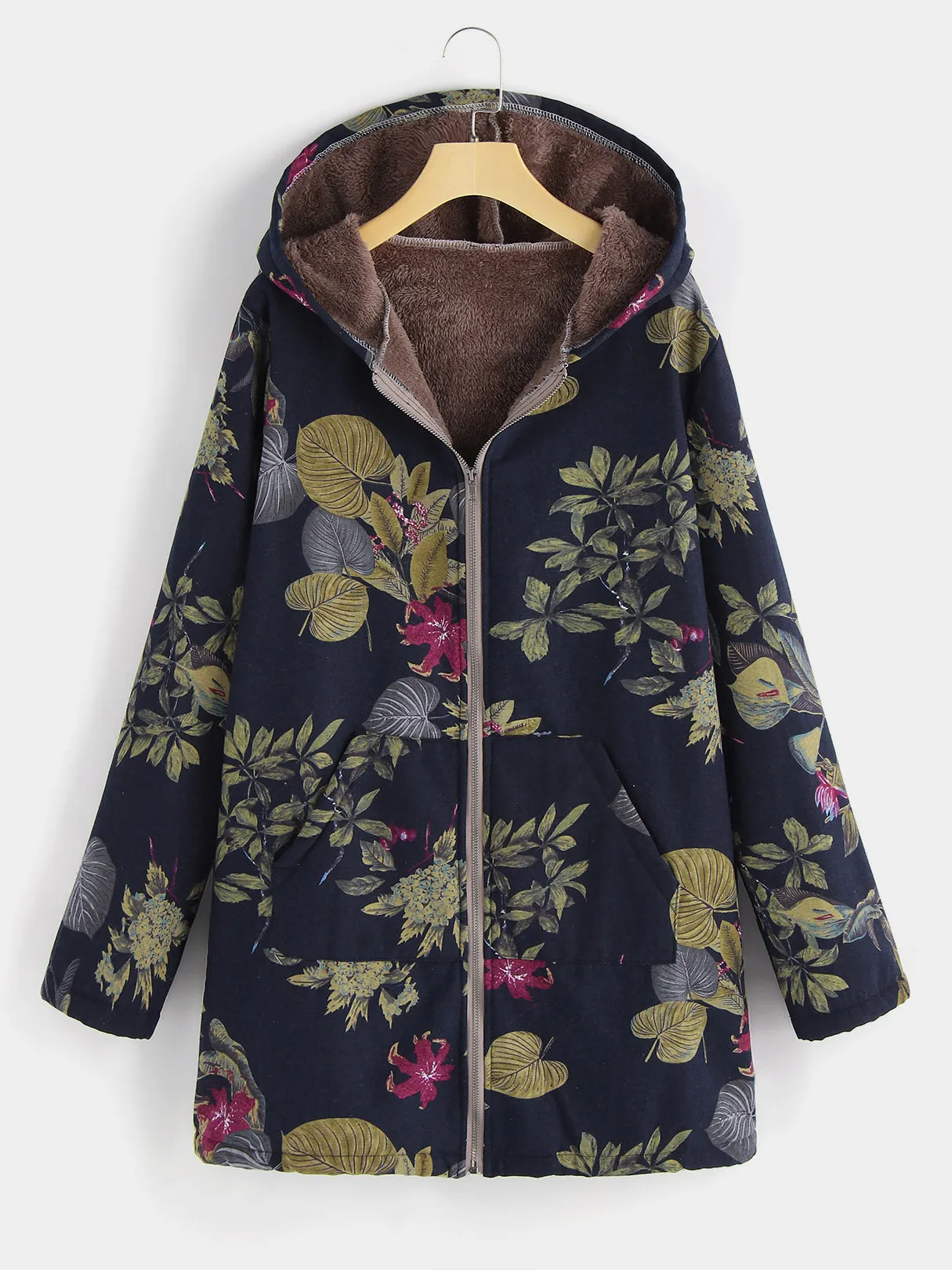 OEM ODM Floral Print Zip Back Hooded Long Sleeve Plus Size Coats & Jackets