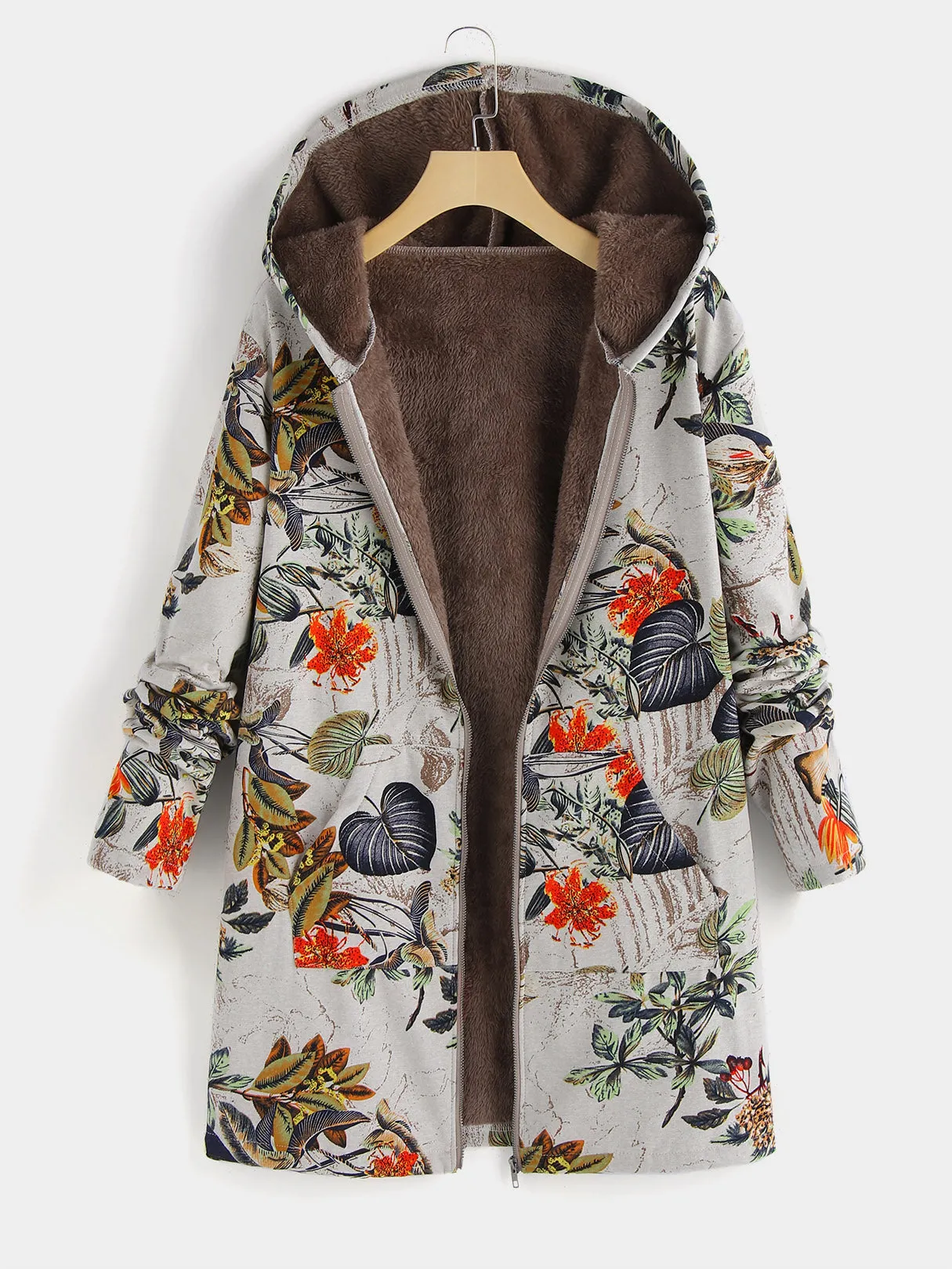 OEM ODM Floral Print Zip Back Hooded Long Sleeve Plus Size Coats & Jackets