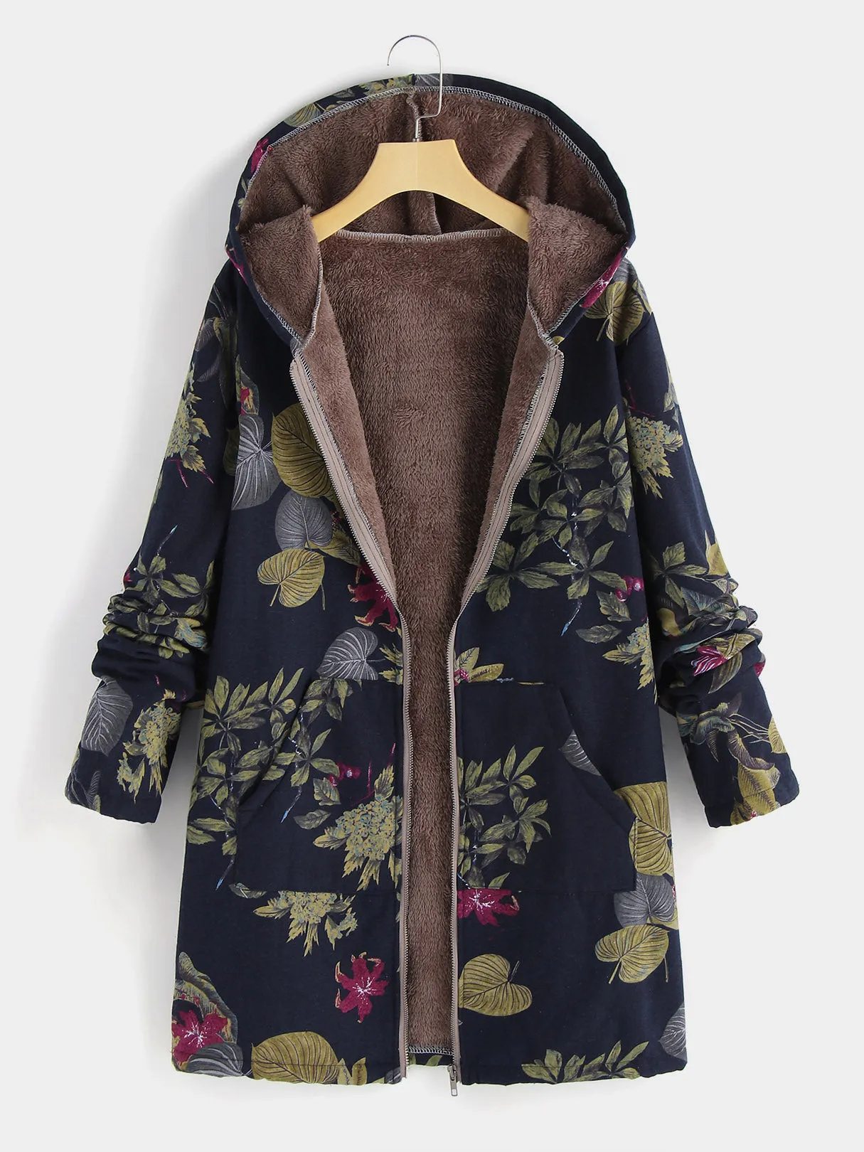OEM ODM Floral Print Zip Back Hooded Long Sleeve Plus Size Coats & Jackets