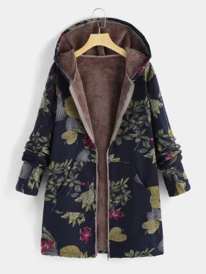 OEM ODM Floral Print Zip Back Hooded Long Sleeve Plus Size Coats & Jackets