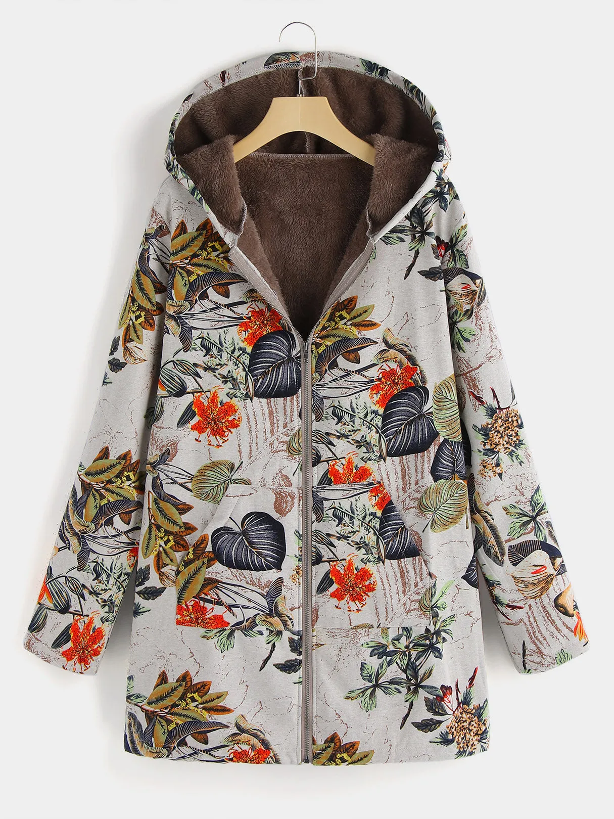 OEM ODM Floral Print Zip Back Hooded Long Sleeve Plus Size Coats & Jackets