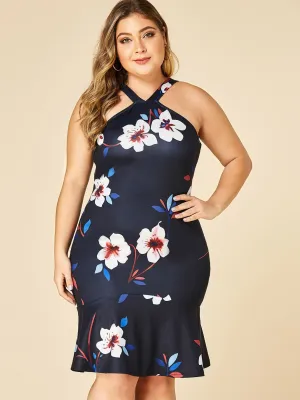 OEM ODM Halter Floral Print Zip Back Sleeveless Black Plus Size Dress