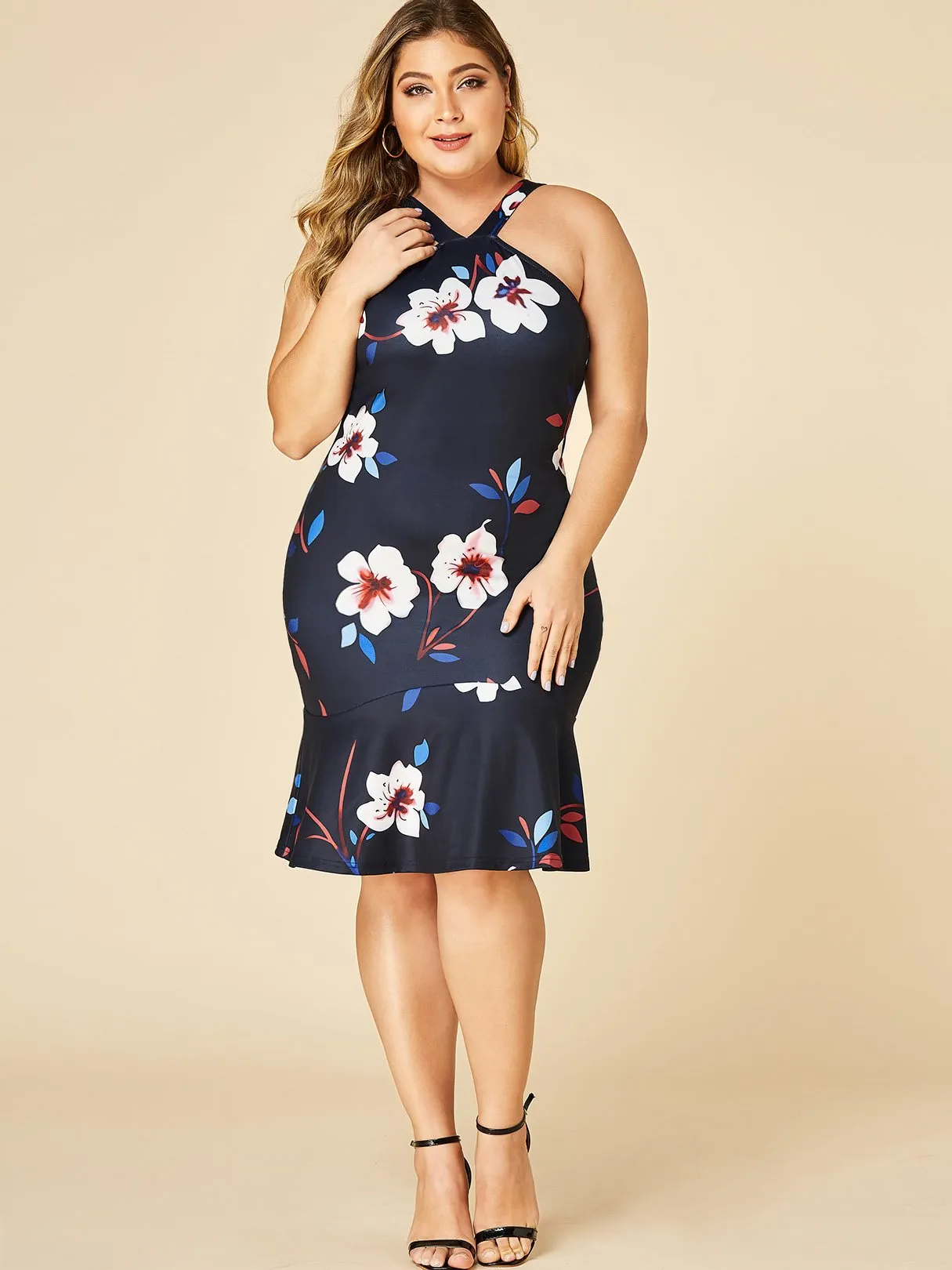 OEM ODM Halter Floral Print Zip Back Sleeveless Black Plus Size Dress