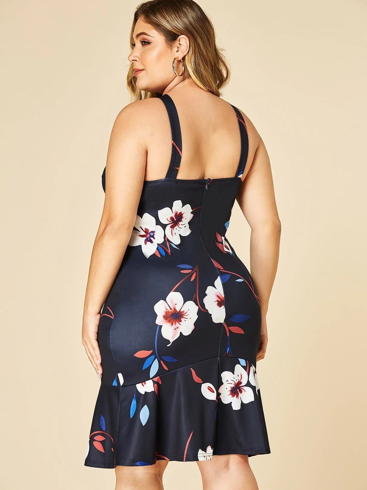 OEM ODM Halter Floral Print Zip Back Sleeveless Black Plus Size Dress
