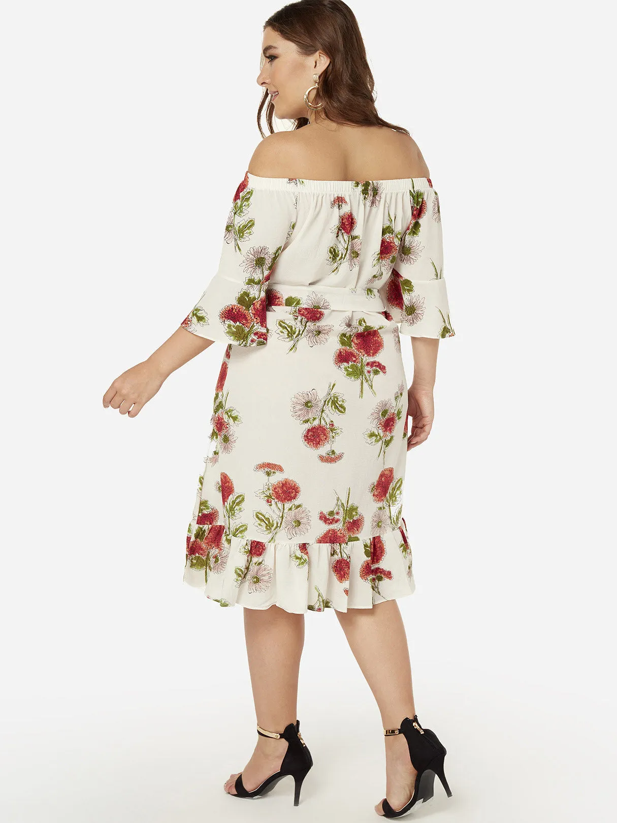 OEM ODM Off The Shoulder Floral Print Half Sleeve Flounced Hem Plus Size Dresses