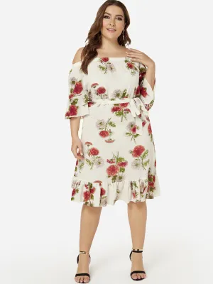 OEM ODM Off The Shoulder Floral Print Half Sleeve Flounced Hem Plus Size Dresses