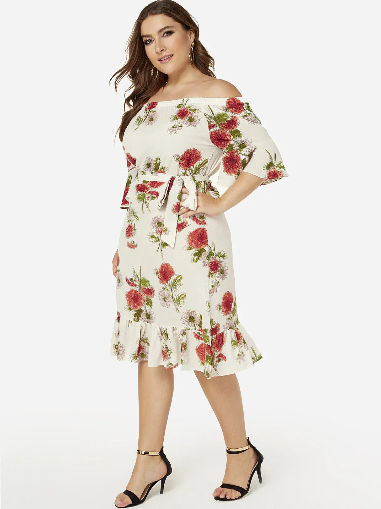 OEM ODM Off The Shoulder Floral Print Half Sleeve Flounced Hem Plus Size Dresses